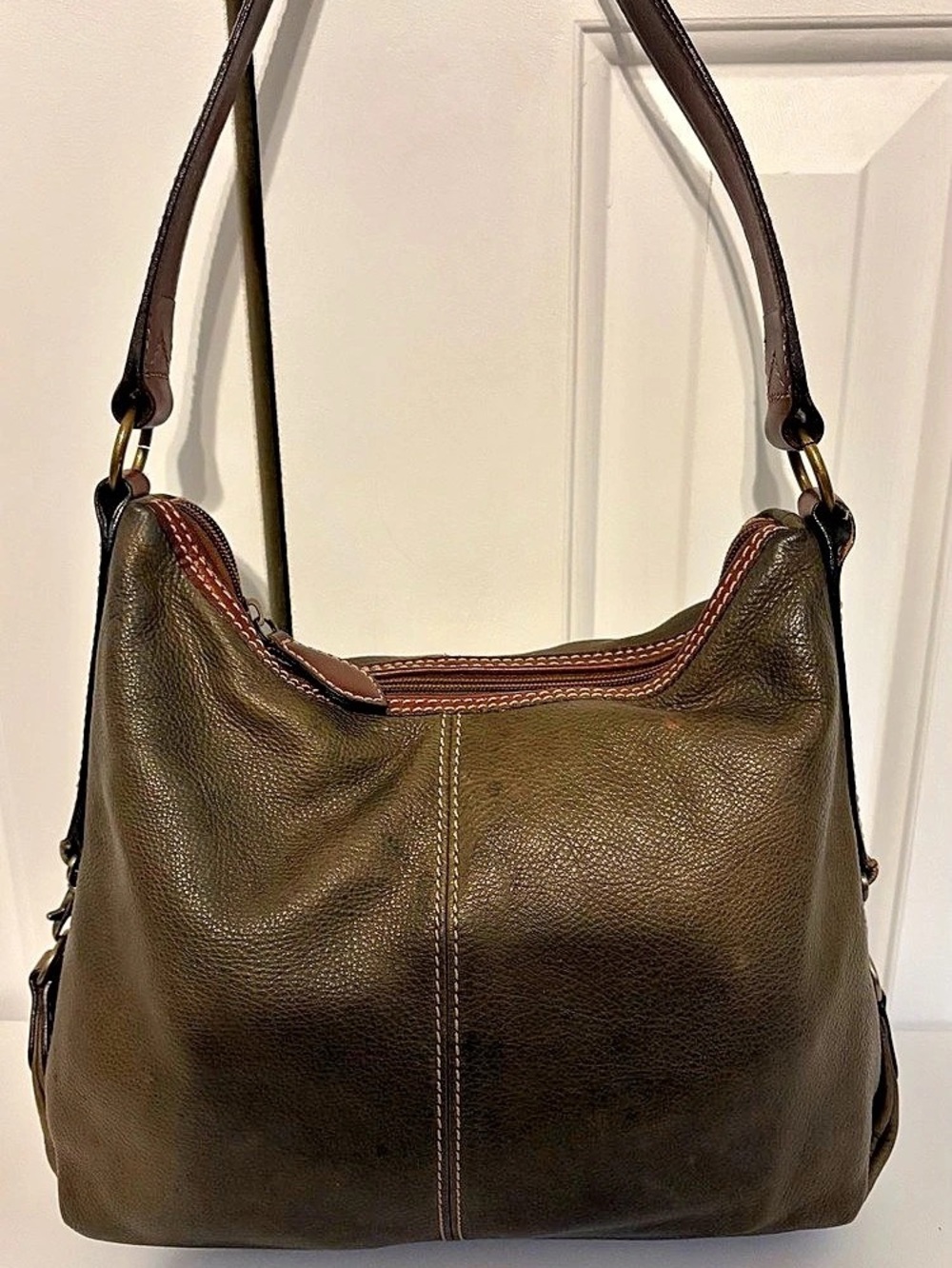 FOSSIL Olive Green and Brown Leather Shoulder Bag, Medium